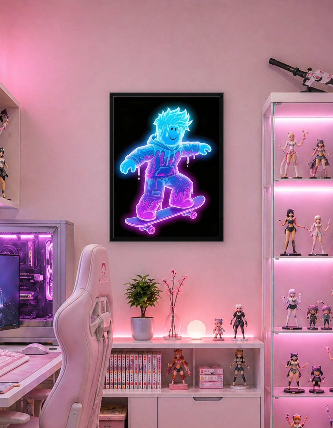 Roblox character skateboarding with neon glow