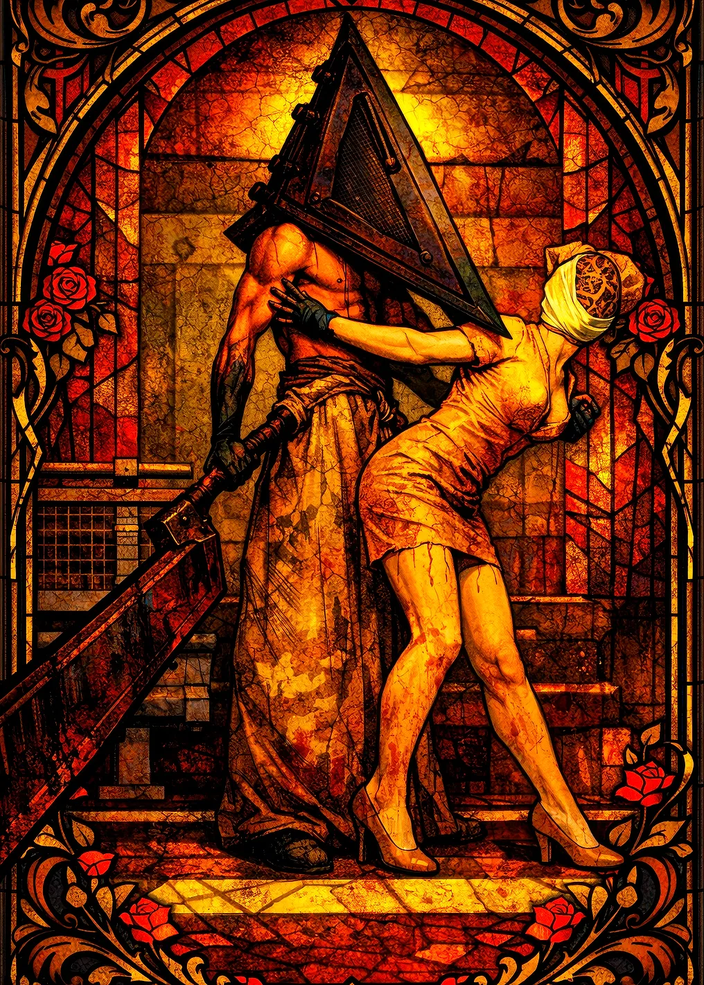 Pyramid Head and Nurse in Stained Glass