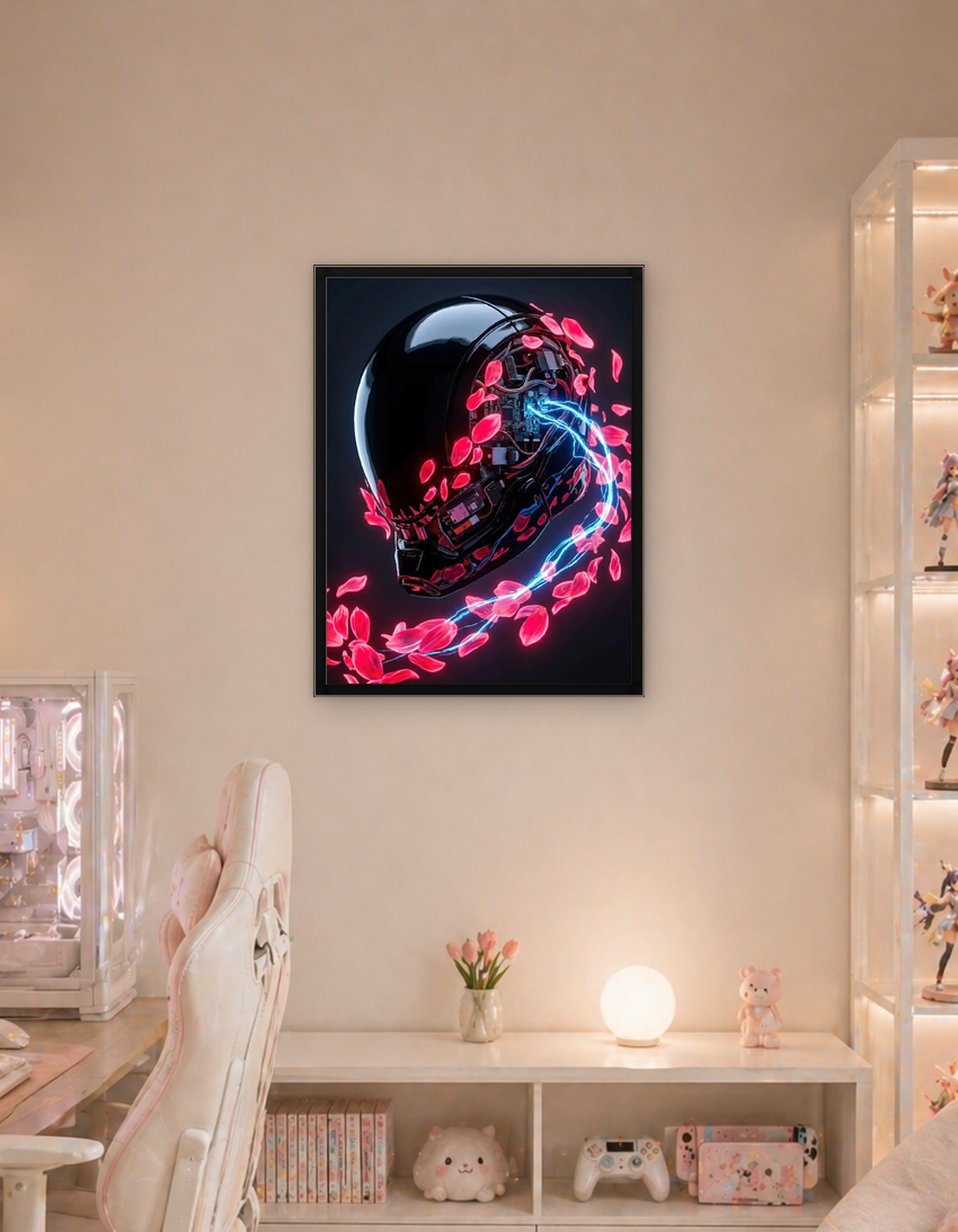 Robotic Head with Pink Petals and Blue Energy
