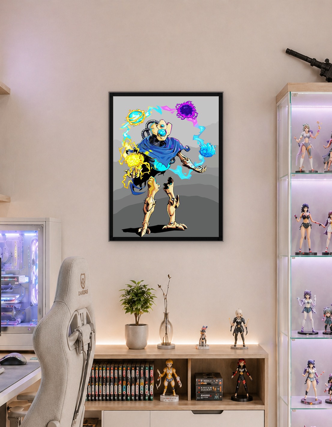 Robotic character juggling energy orbs