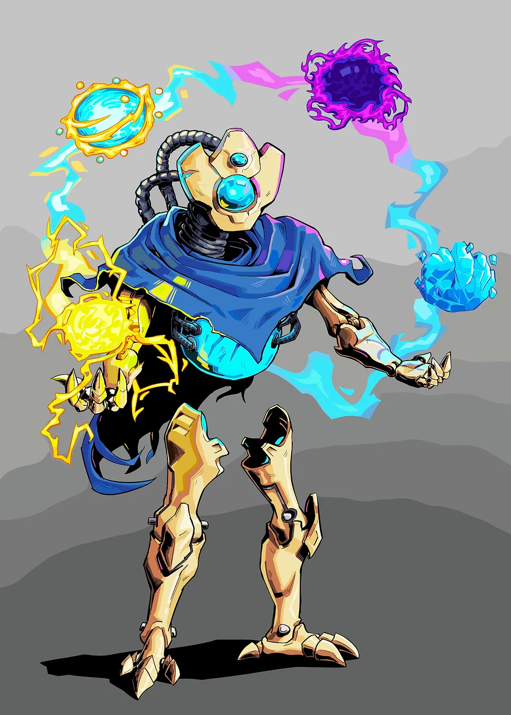 Robotic character juggling energy orbs