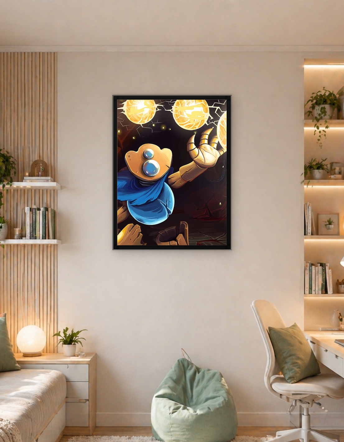 Robot character with glowing orbs