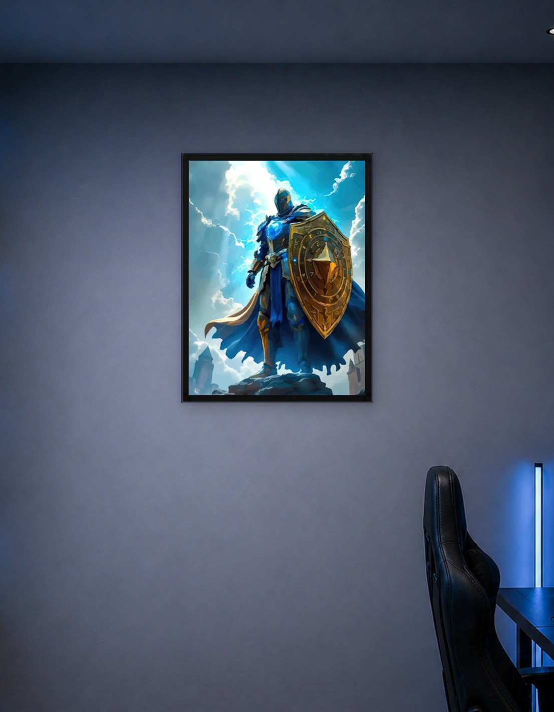Knight in Blue Armor with Golden Shield