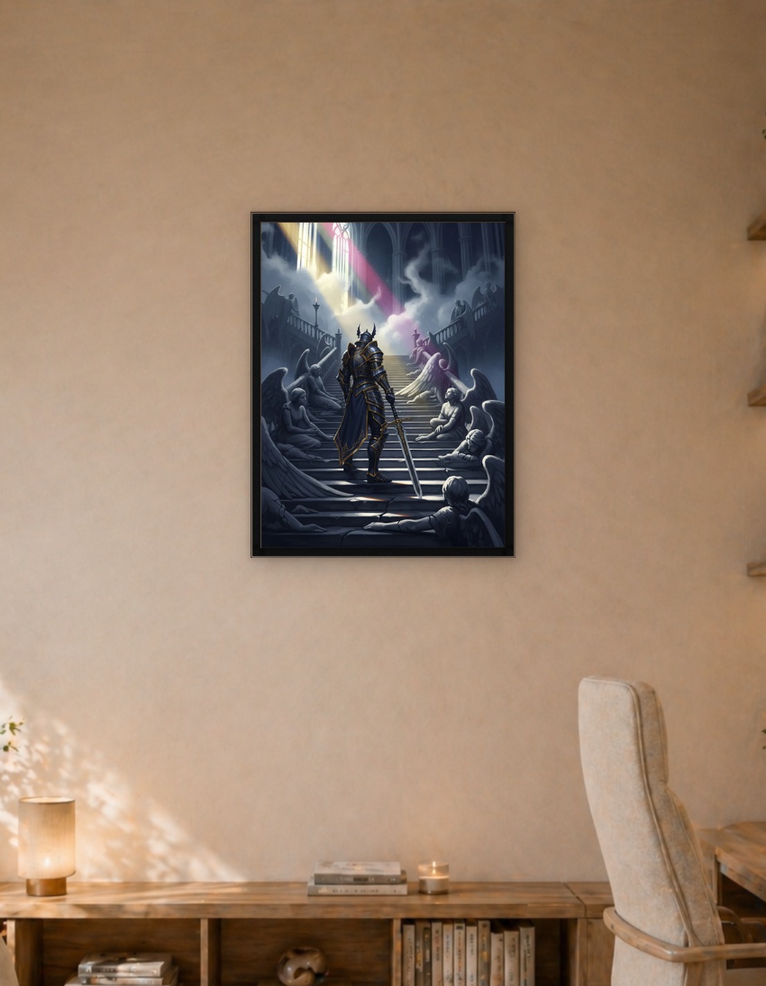 Knight in a Cathedral with Angel Statues