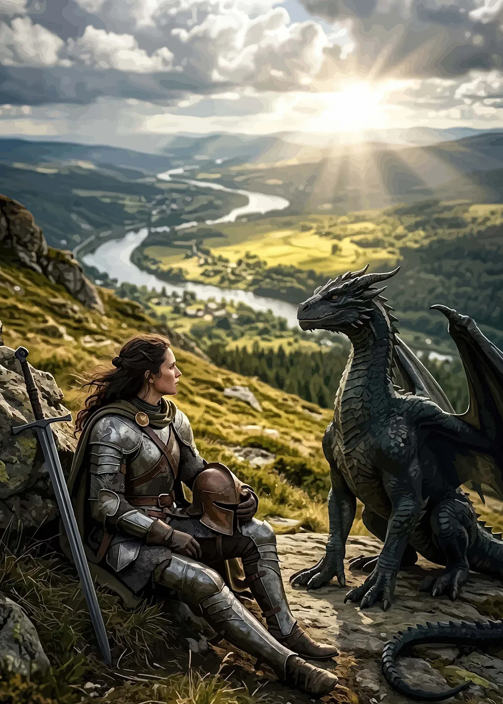 Knight and Dragon in a Mountain Landscape