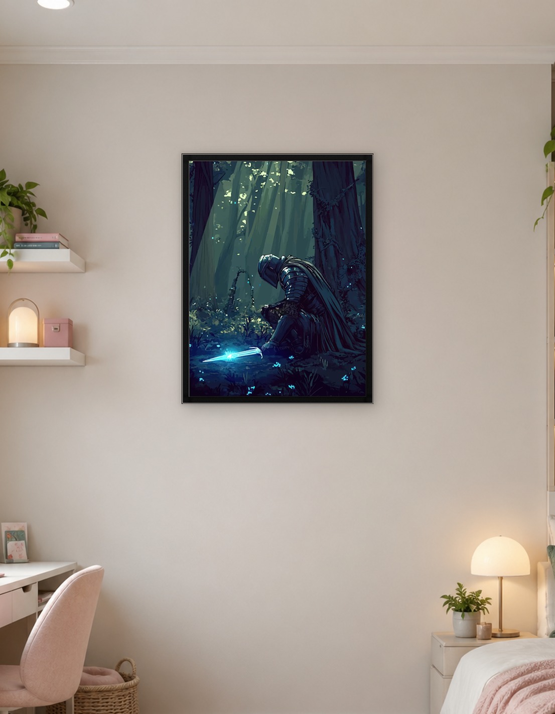 Knight Kneeling in Enchanted Forest