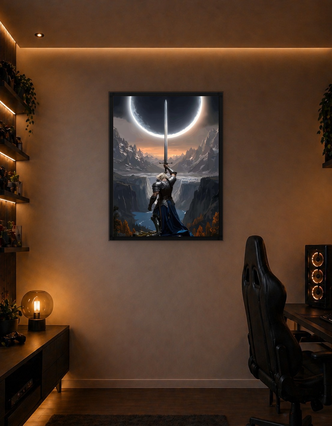 Knight Raises Sword Under Lunar Eclipse