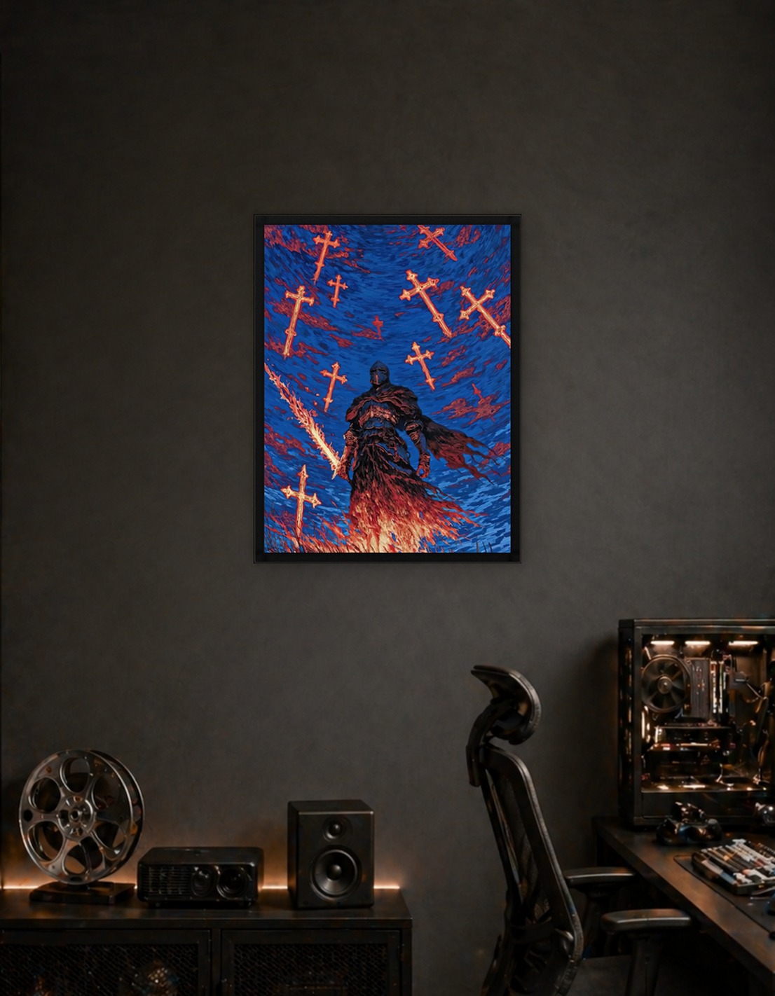 Knight with flaming sword and crosses