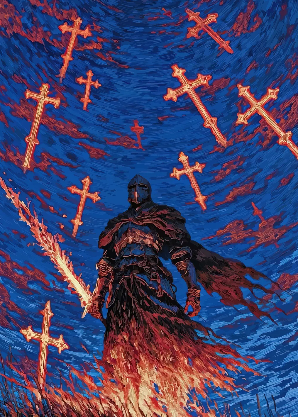 Knight with flaming sword and crosses