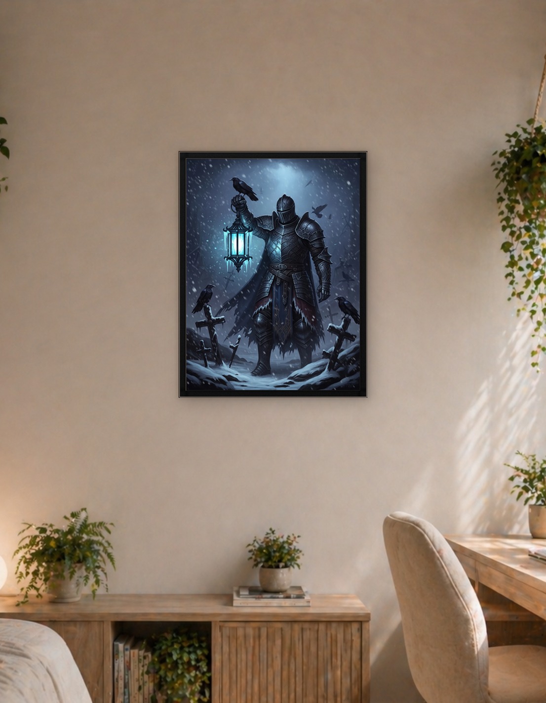 Knight with Lantern in Snowy Graveyard
