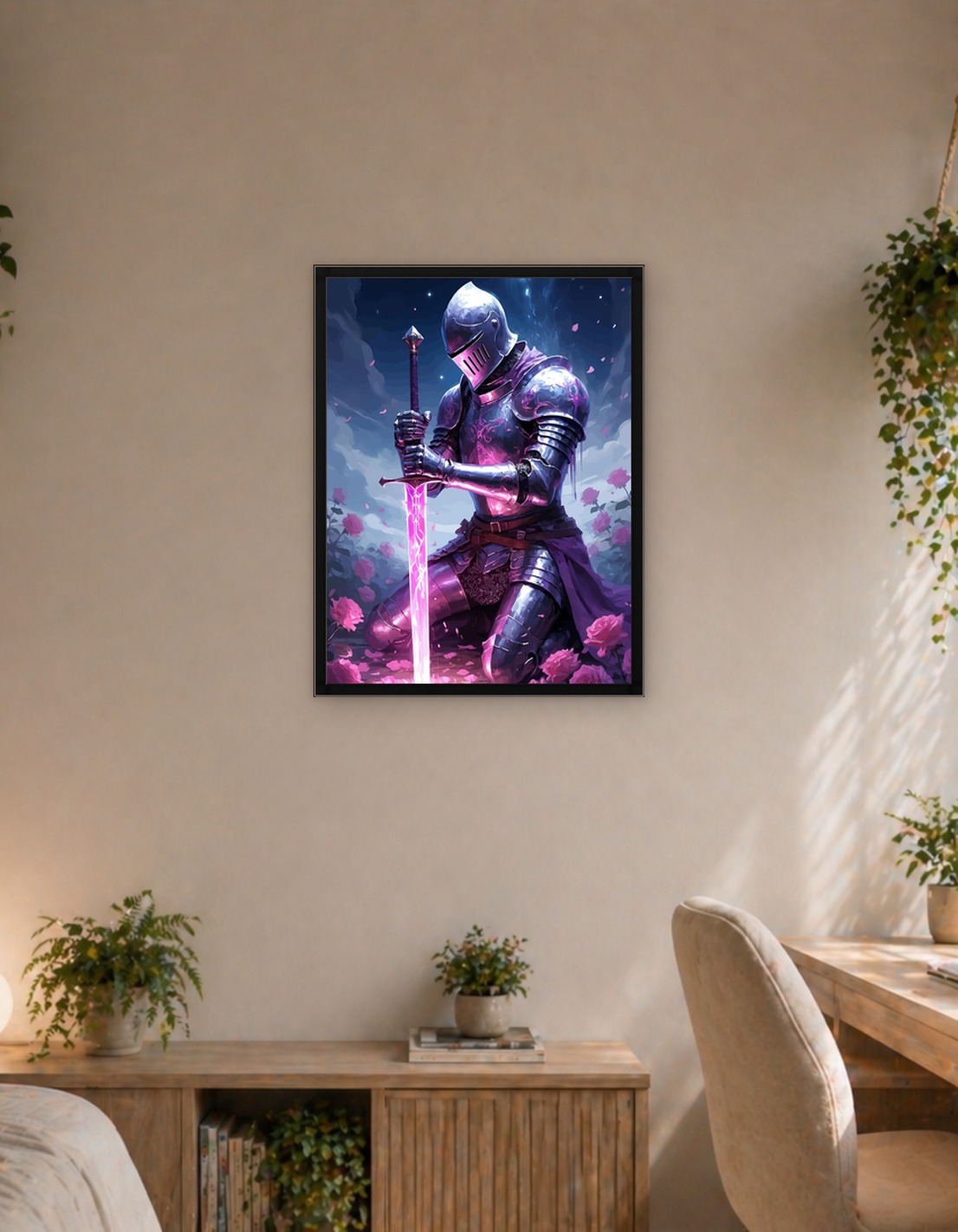 Knight with Glowing Sword and Roses