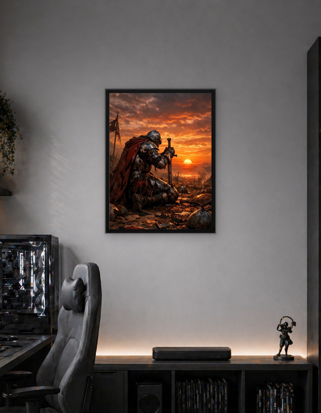 Knight kneeling in a battlefield at sunset