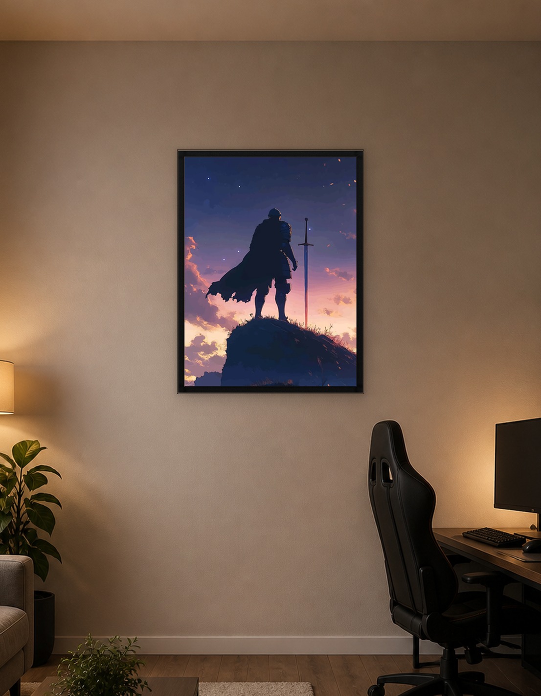 Knight Standing on Cliff at Sunset