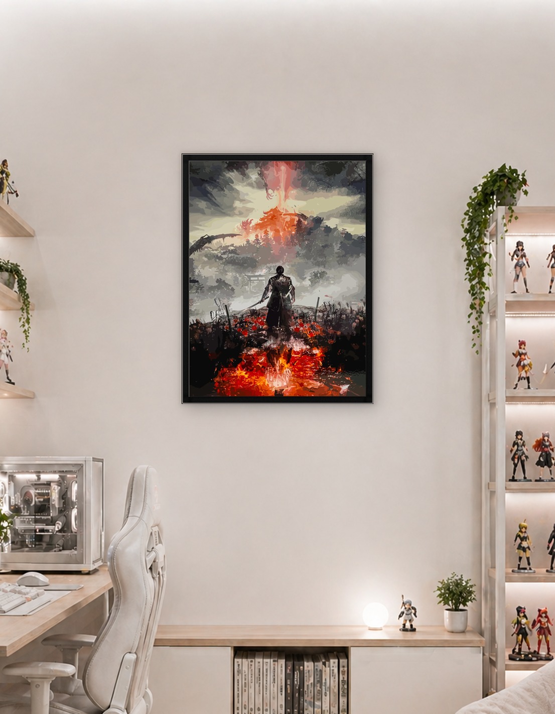 Samurai facing fiery dragon