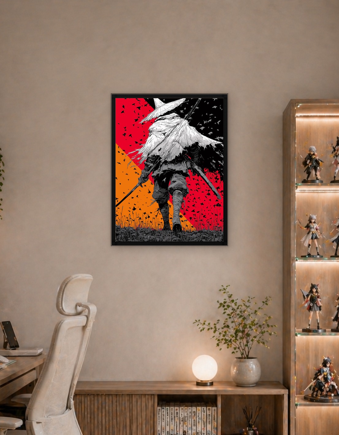 Samurai Warrior with Swords and Birds