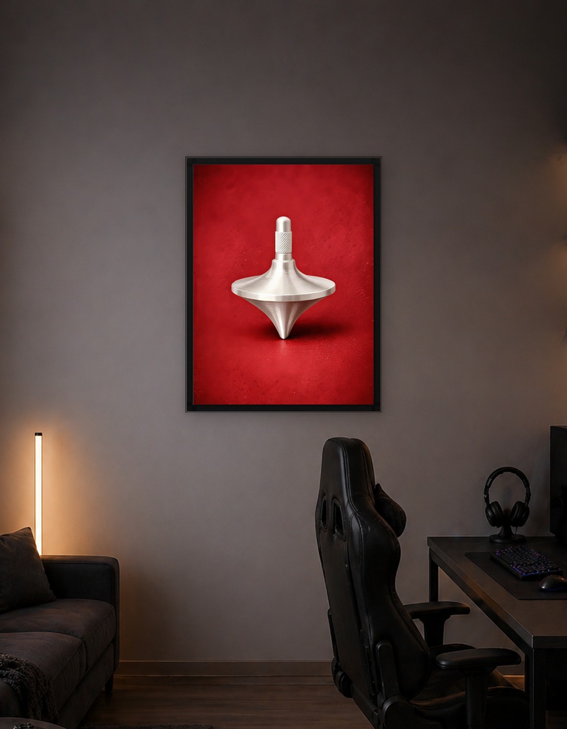 Silver Spinning Top on Red Background