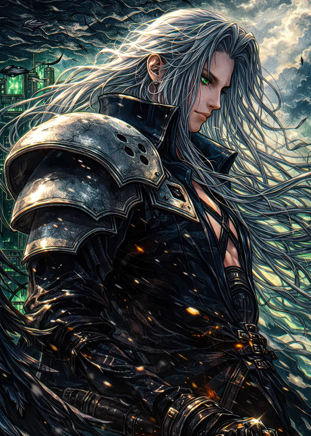 Sephiroth in a dark, dramatic setting