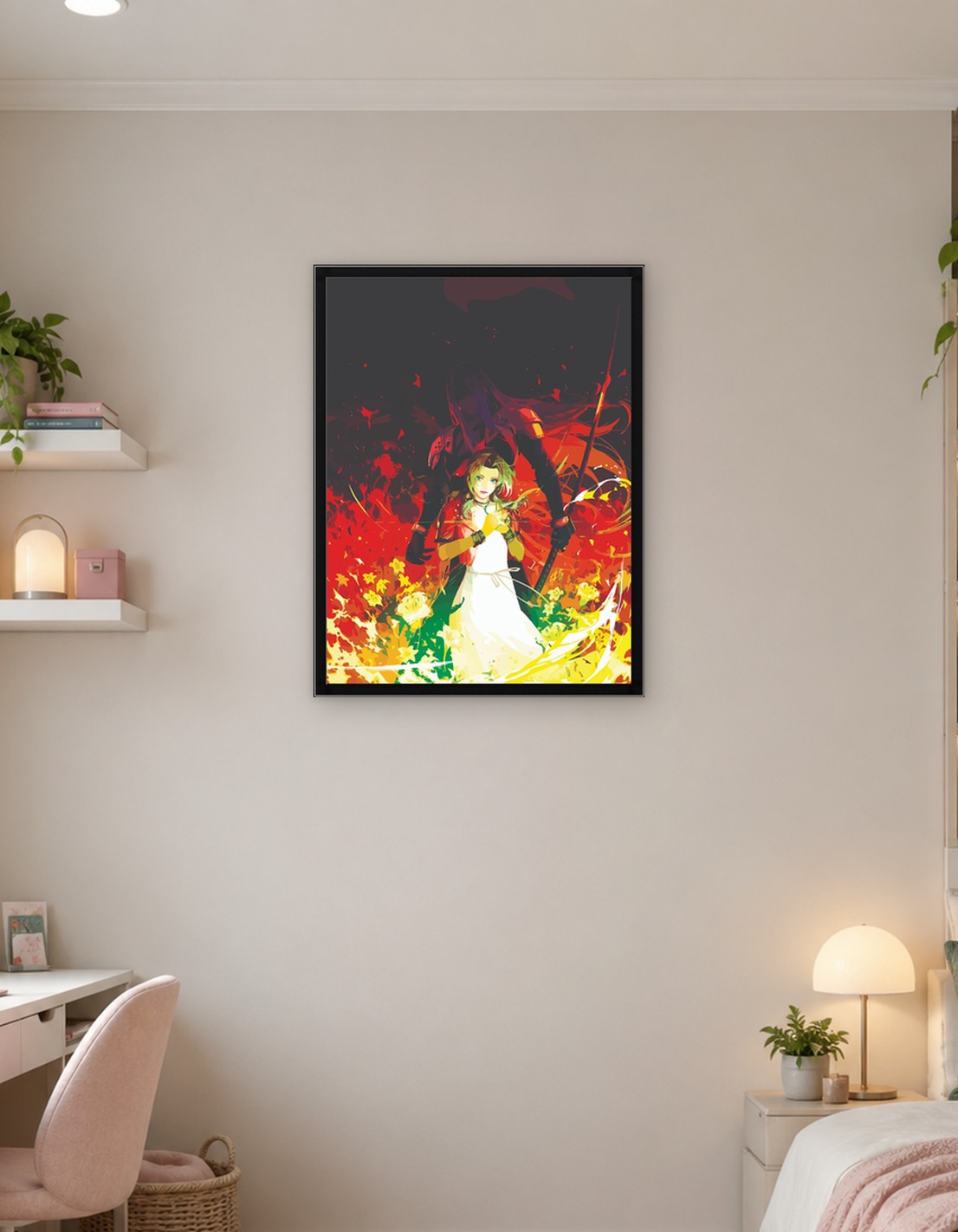 Sephiroth and Aerith in a fiery floral scene