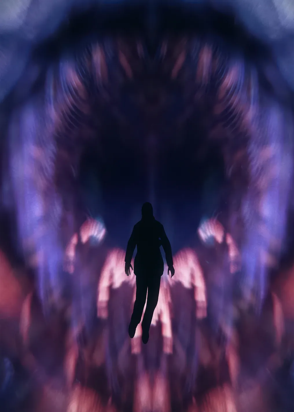 Silhouette of a person floating in abstract light