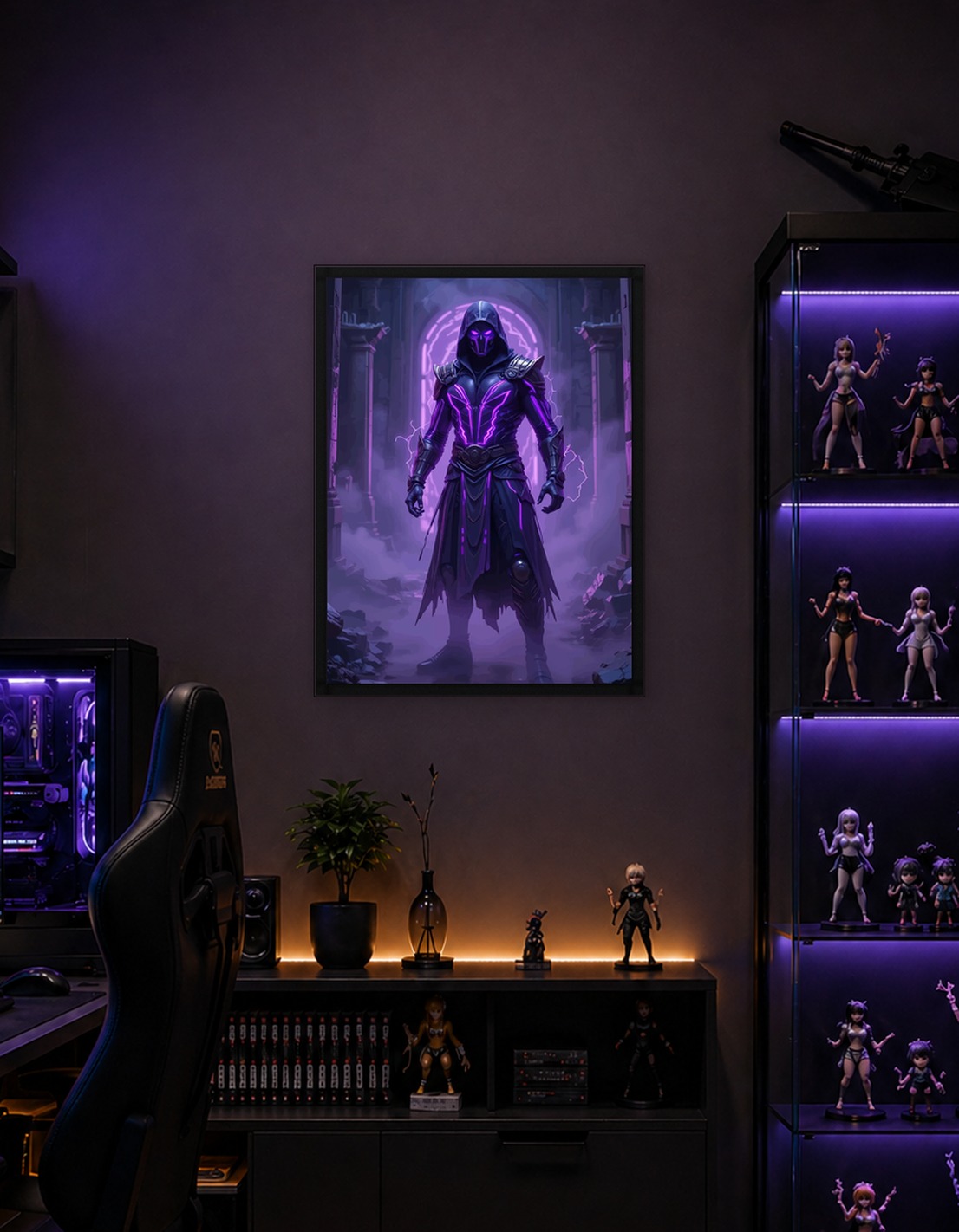 Mysterious hooded figure with purple energy