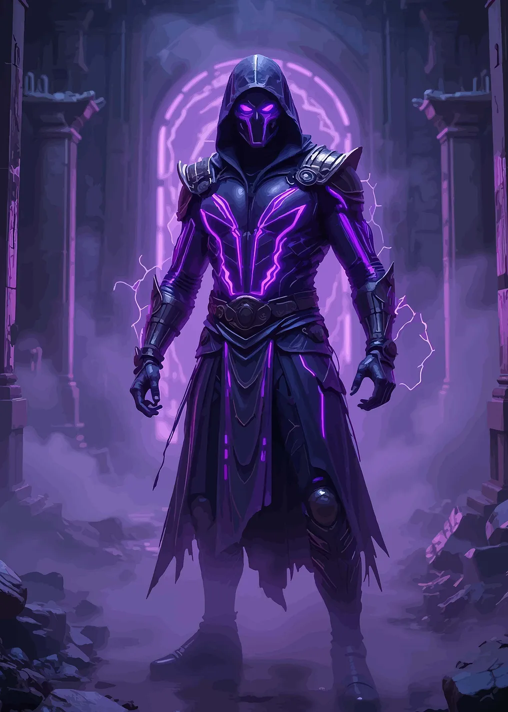 Mysterious hooded figure with purple energy