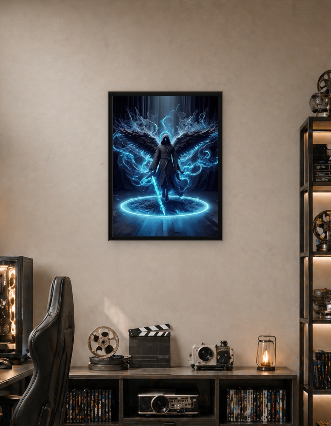 Mysterious Angelic Warrior with Glowing Sword
