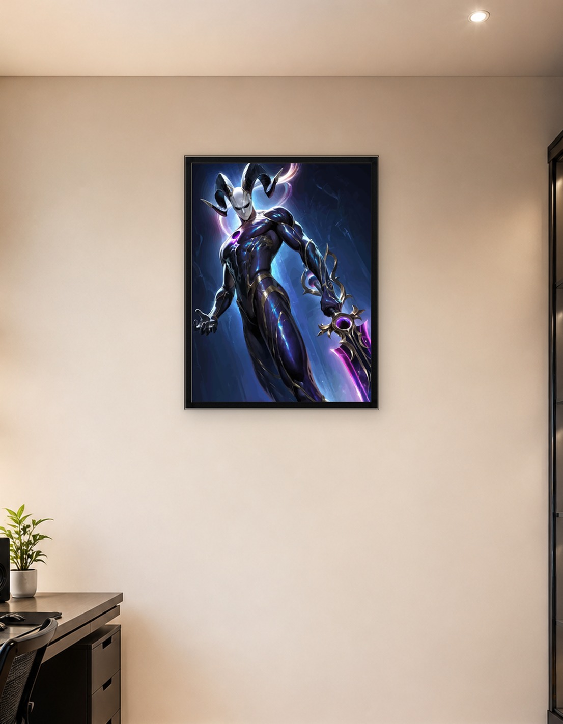 Mysterious Jester Warrior with Glowing Sword