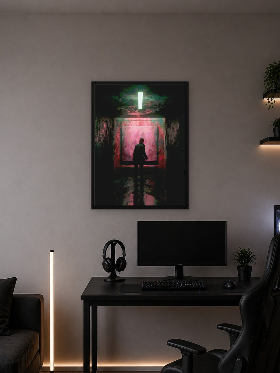 Person in a dark hallway with abstract art