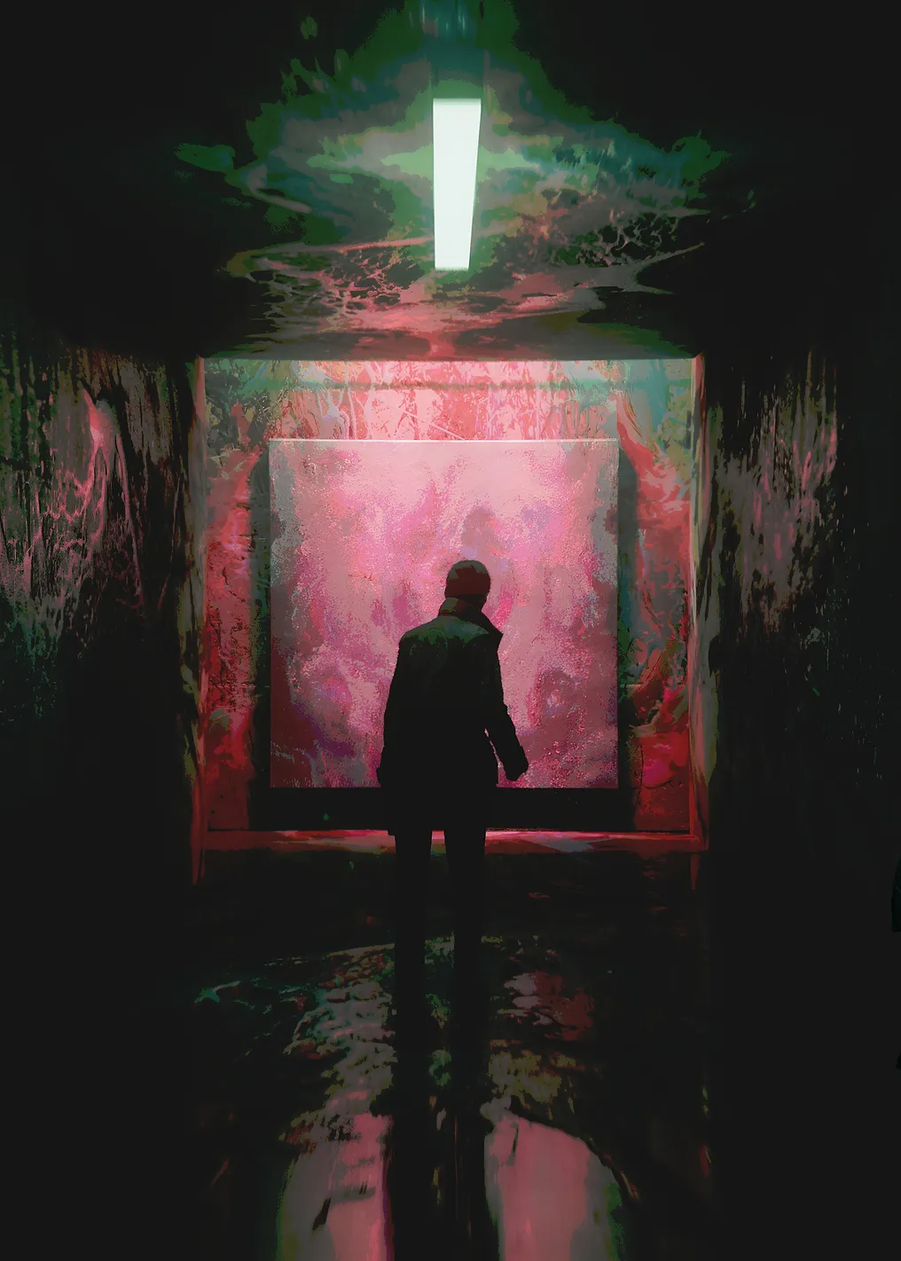 Person in a dark hallway with abstract art