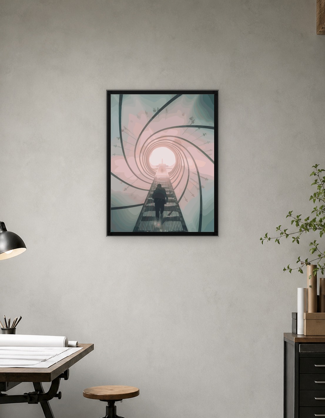 Person climbing a spiral staircase towards light
