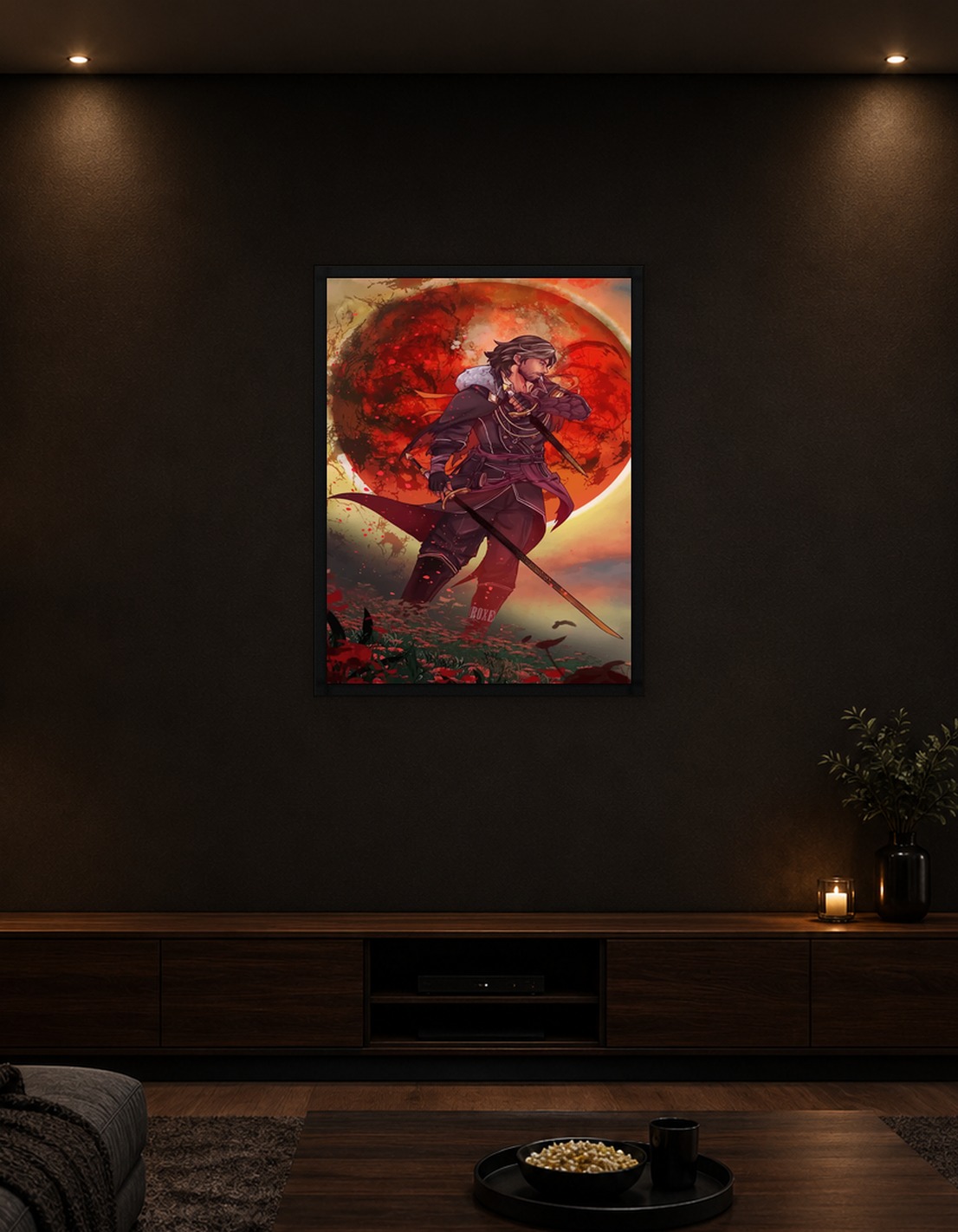 Man with Swords Under Red Moon
