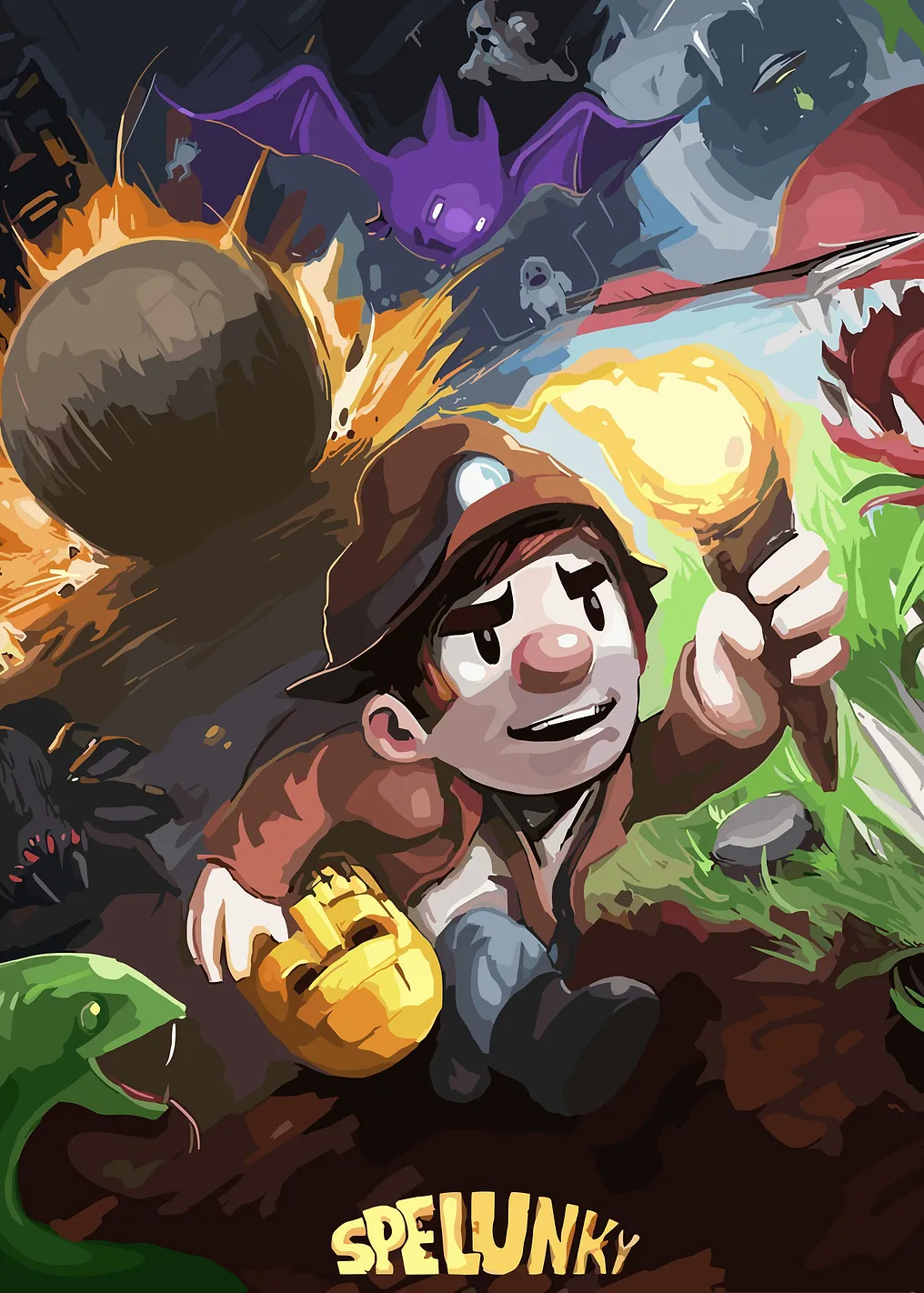 Spelunky Game Art with Miner and Monsters