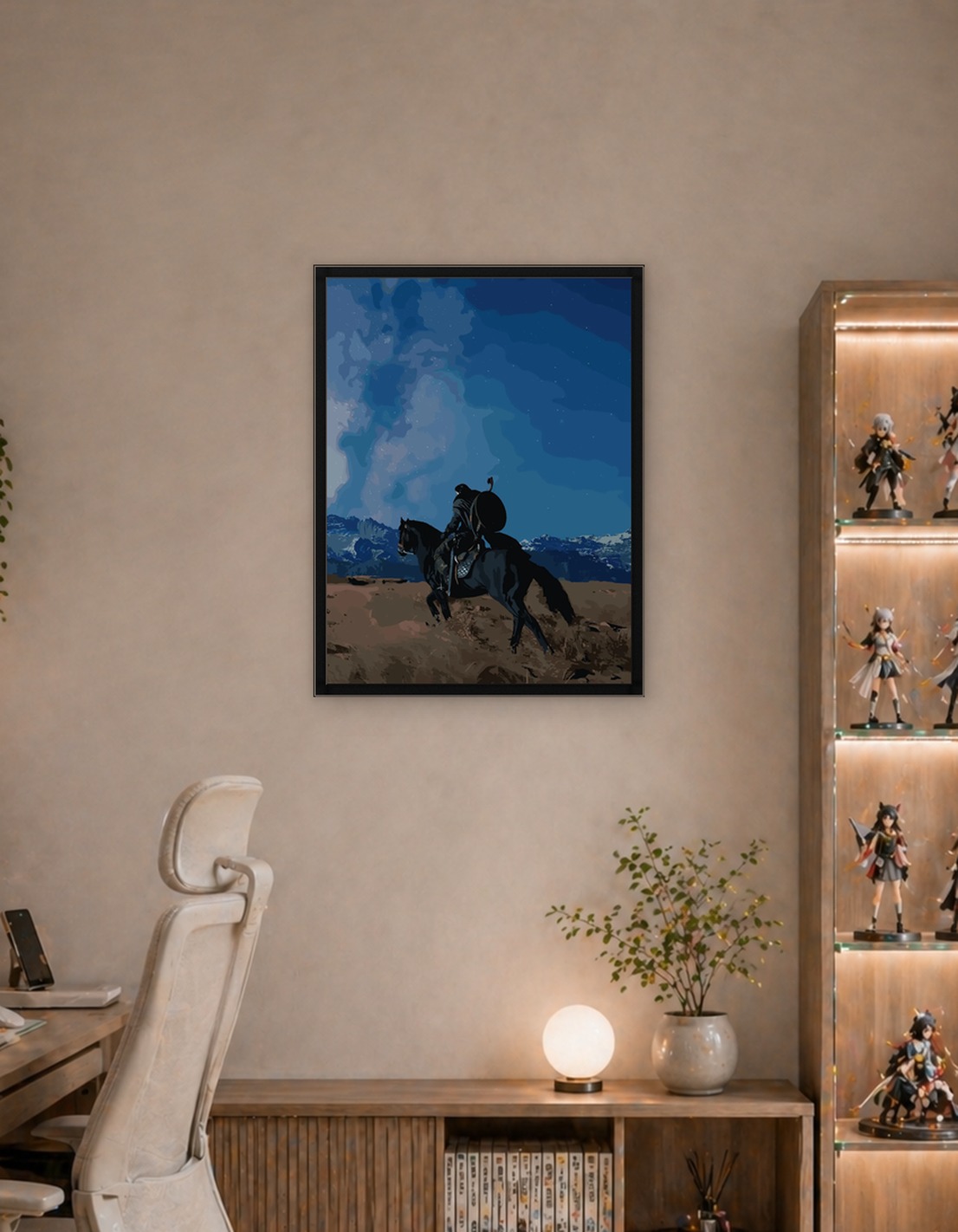 Warrior on horseback under starry sky