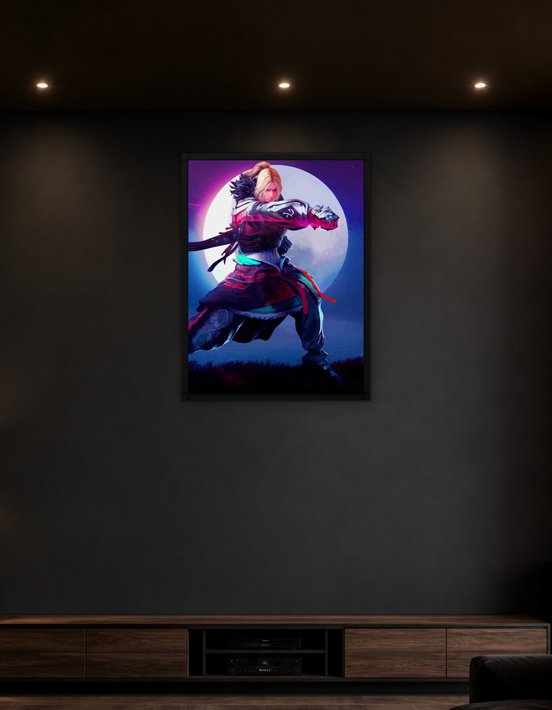 Warrior striking a pose under the moon
