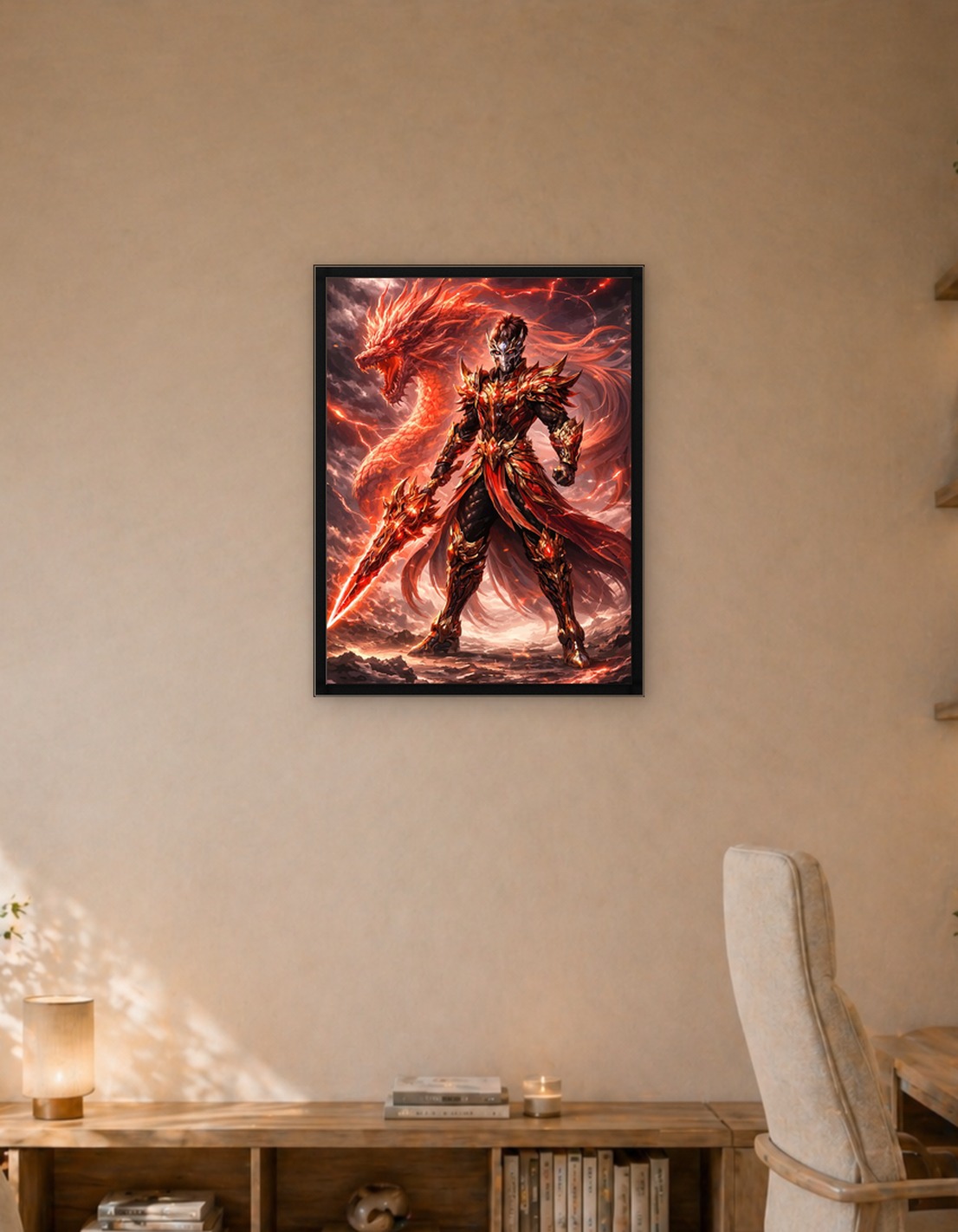 Warrior with Dragon and Fiery Sword