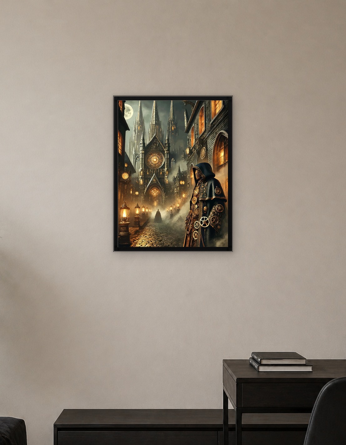 Steampunk Cityscape with Mysterious Figure