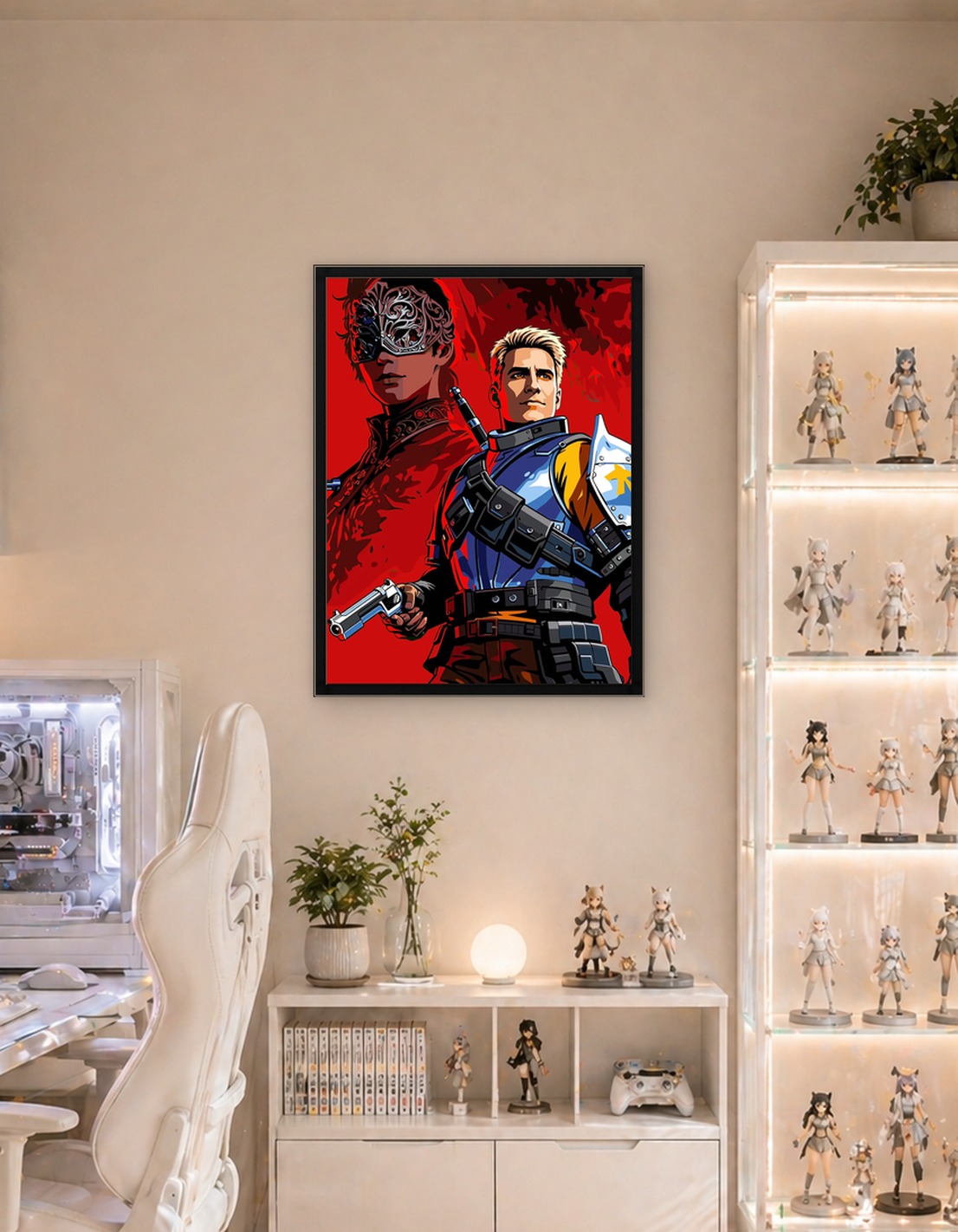 Two characters in a dramatic red background