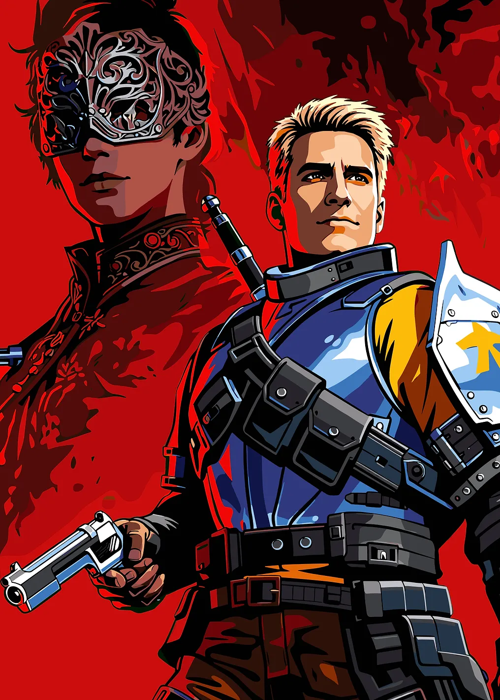 Two characters in a dramatic red background