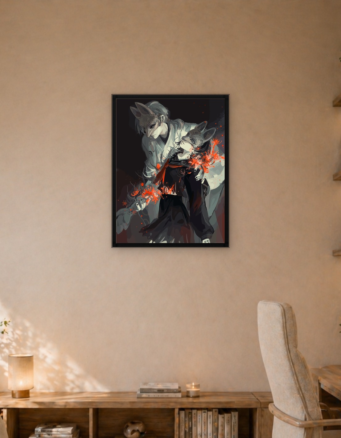 Two figures in Kitsune masks with red flowers