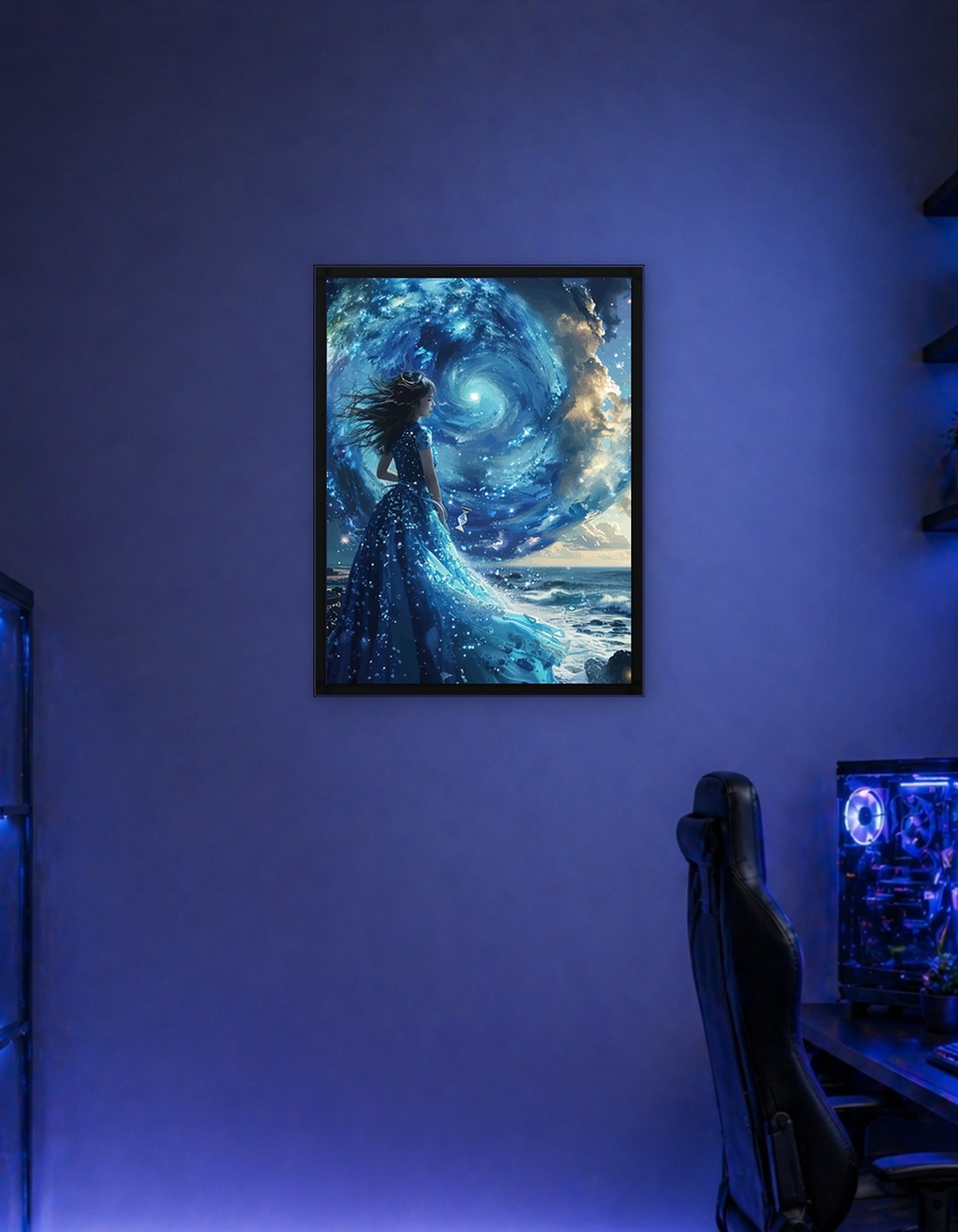 Woman in a starry blue dress by the ocean