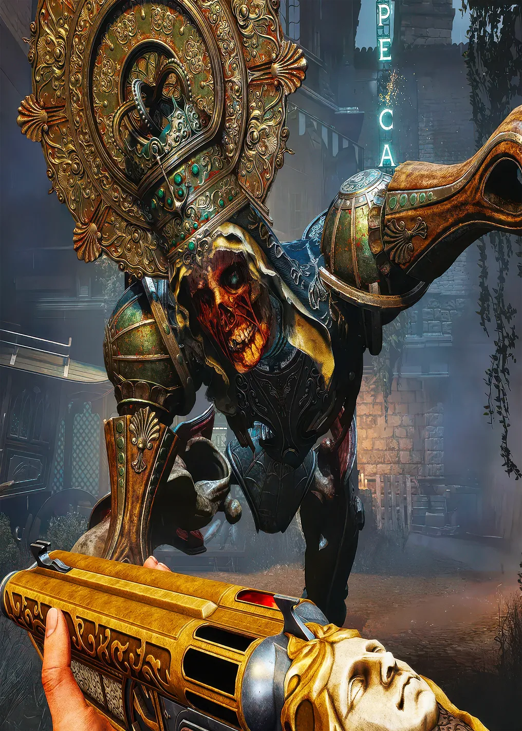 Zombie warrior with ornate armor and golden gun