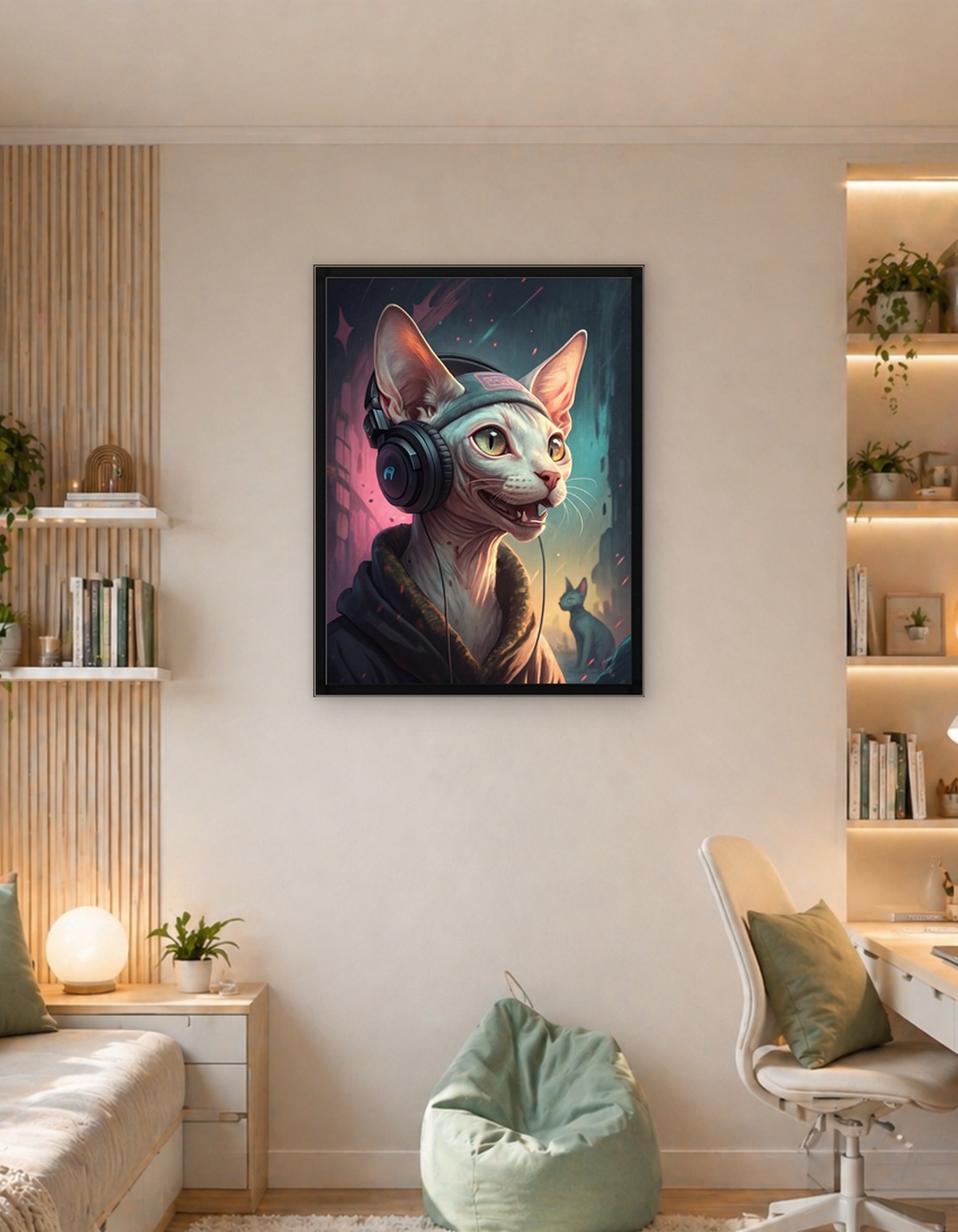 Кот-сфинкс-диджей в наушниках