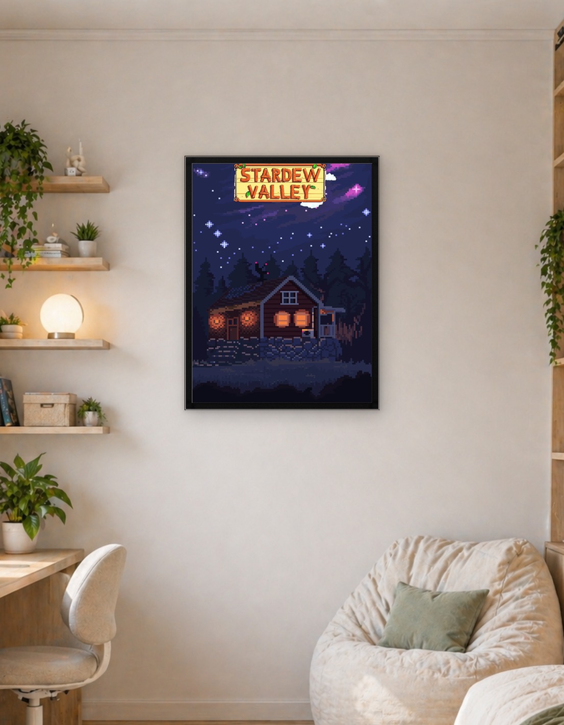 Stardew Valley pixel art cabin at night