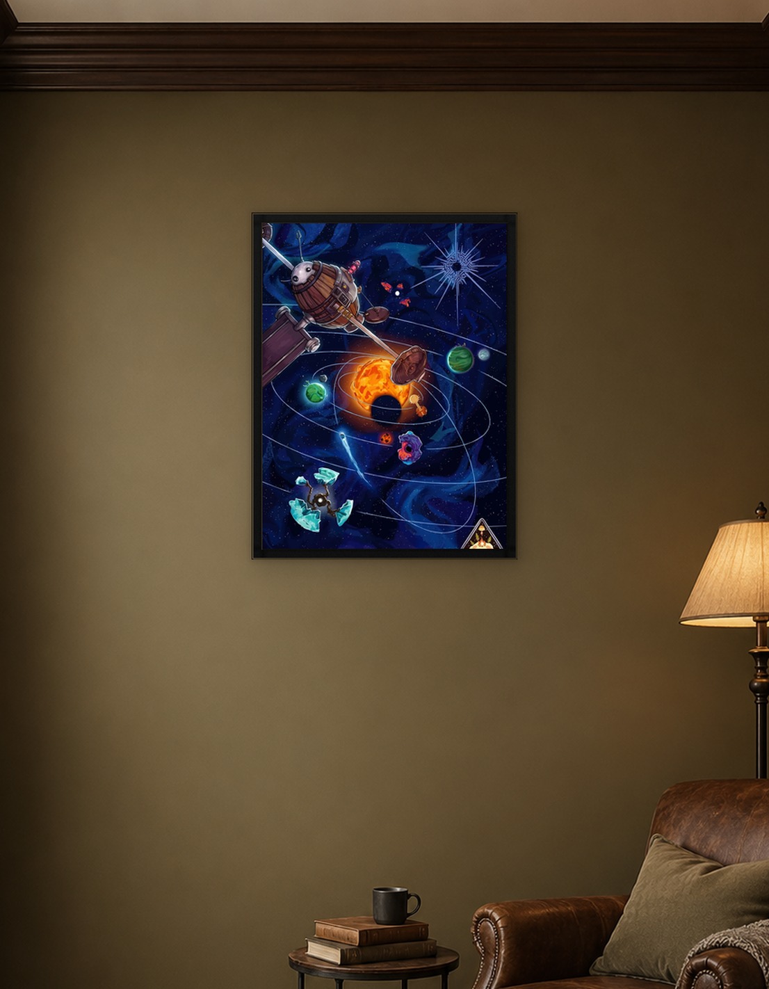 Whimsical Space Scene with Planets and Spaceship