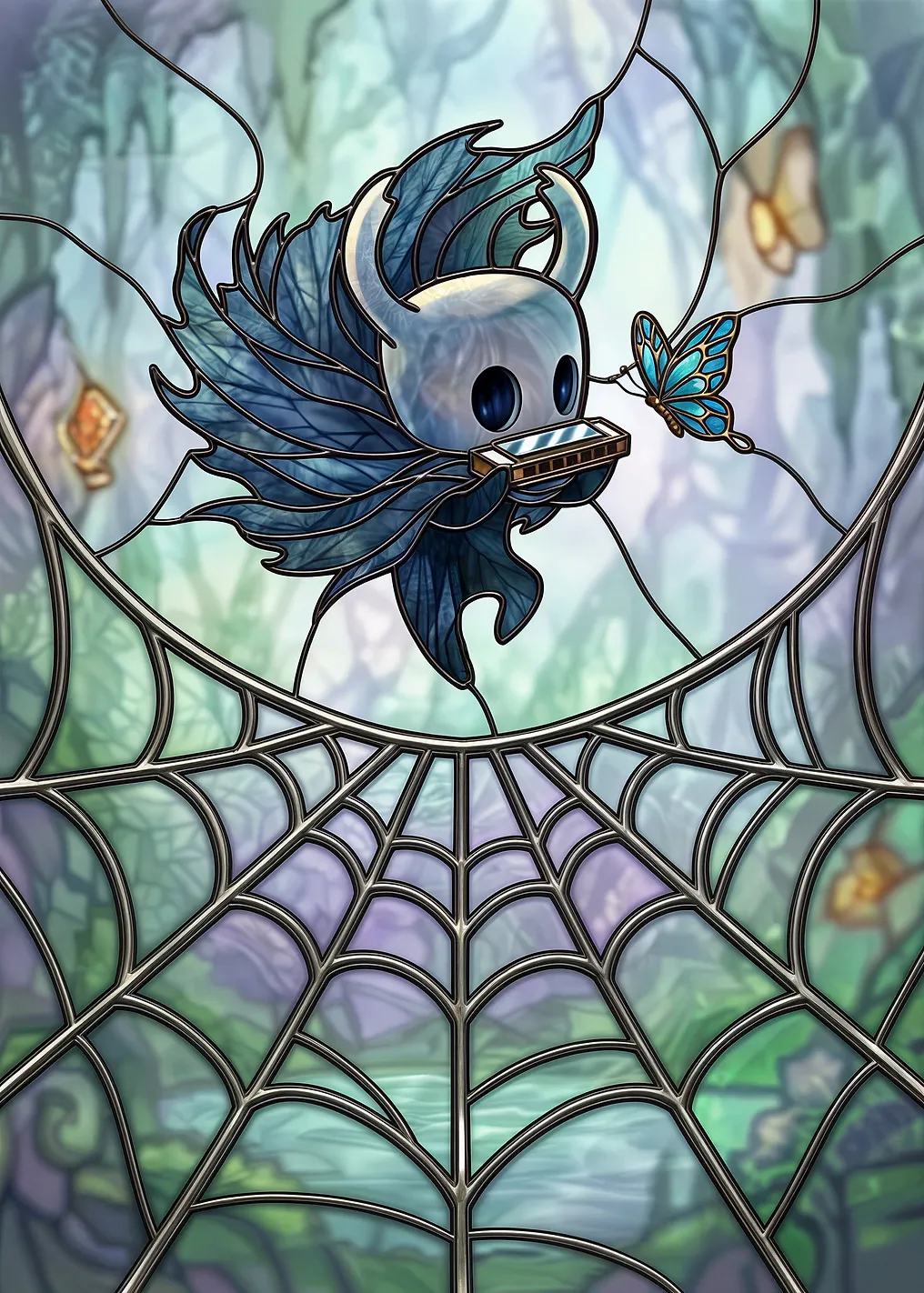 The Knight playing harmonica with a butterfly