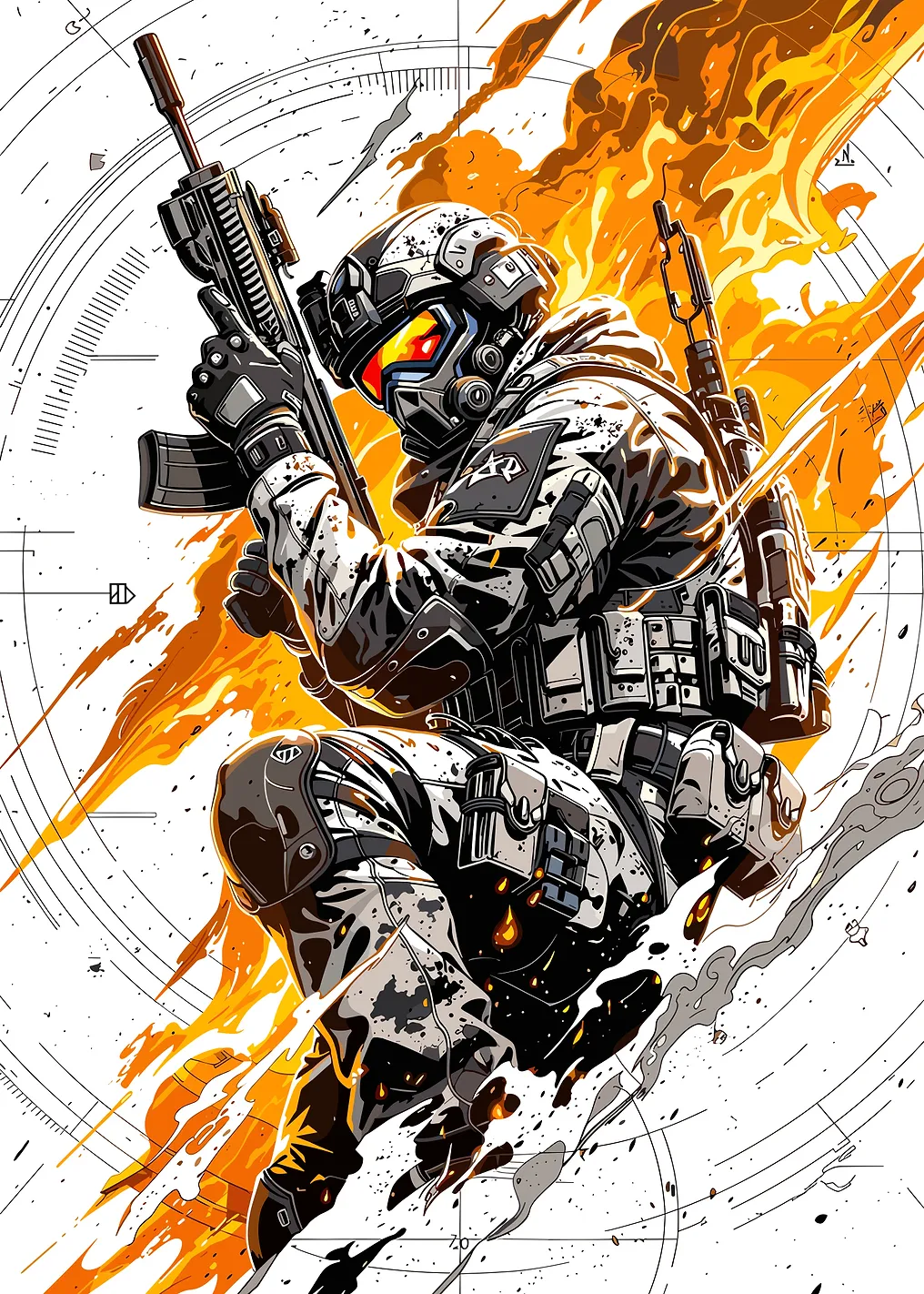 Soldier in Combat with Flames