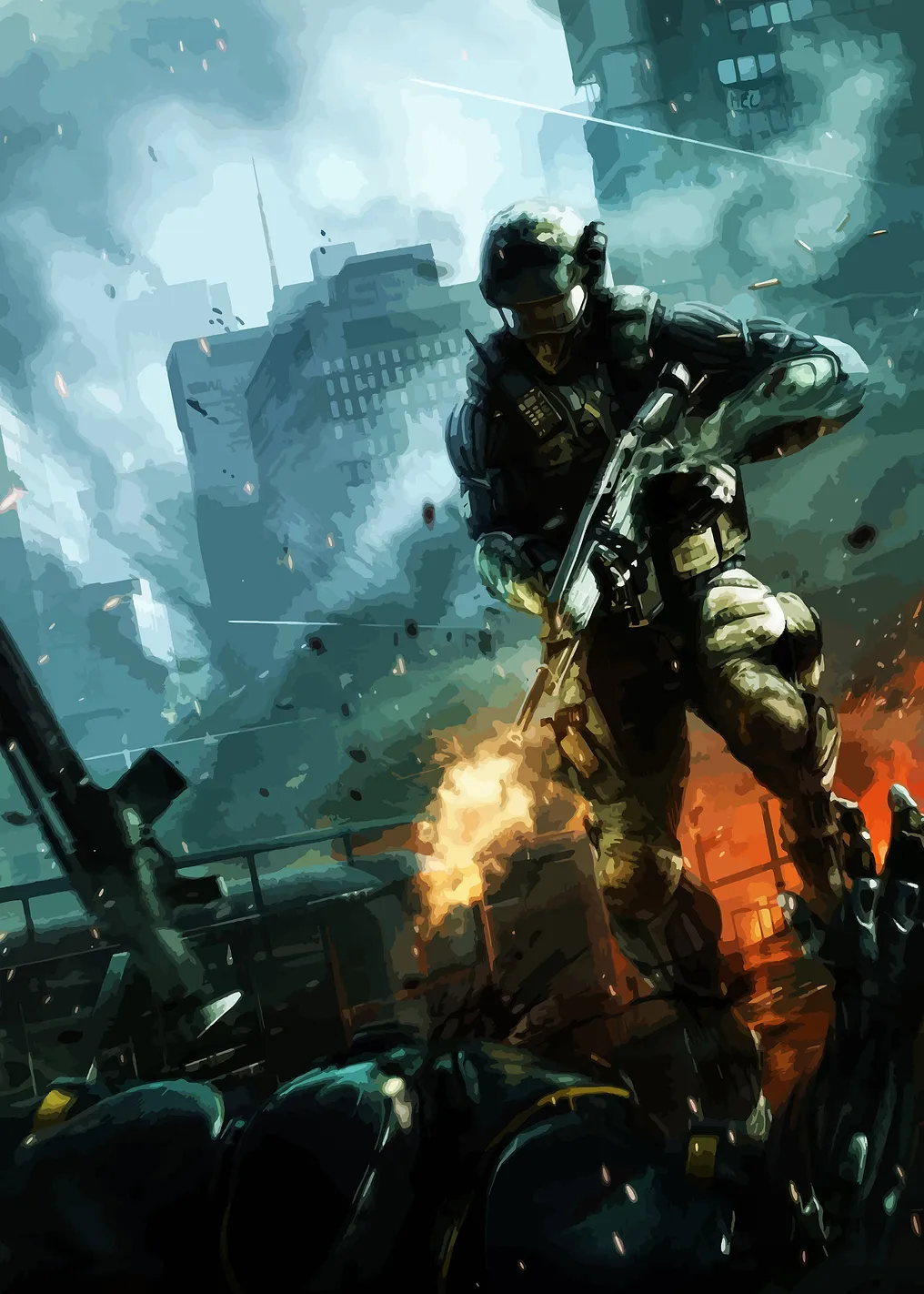Soldier in a burning city