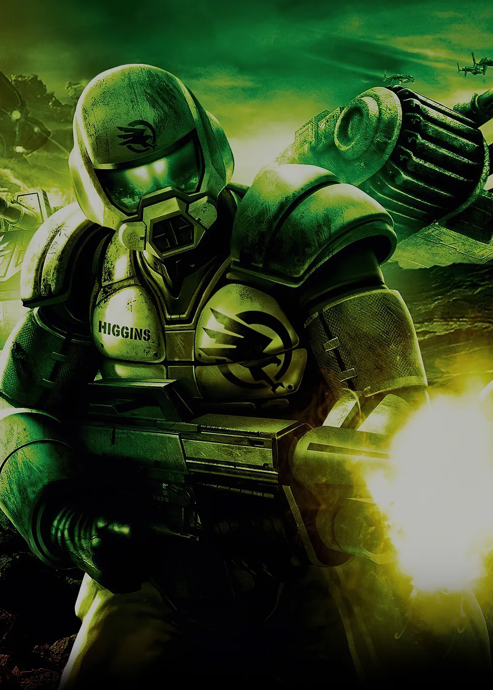 Soldier in green armor firing weapon