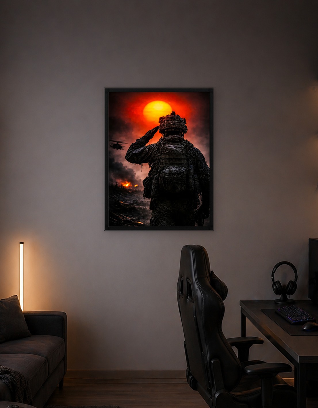 Soldier Saluting Against Fiery Sunset