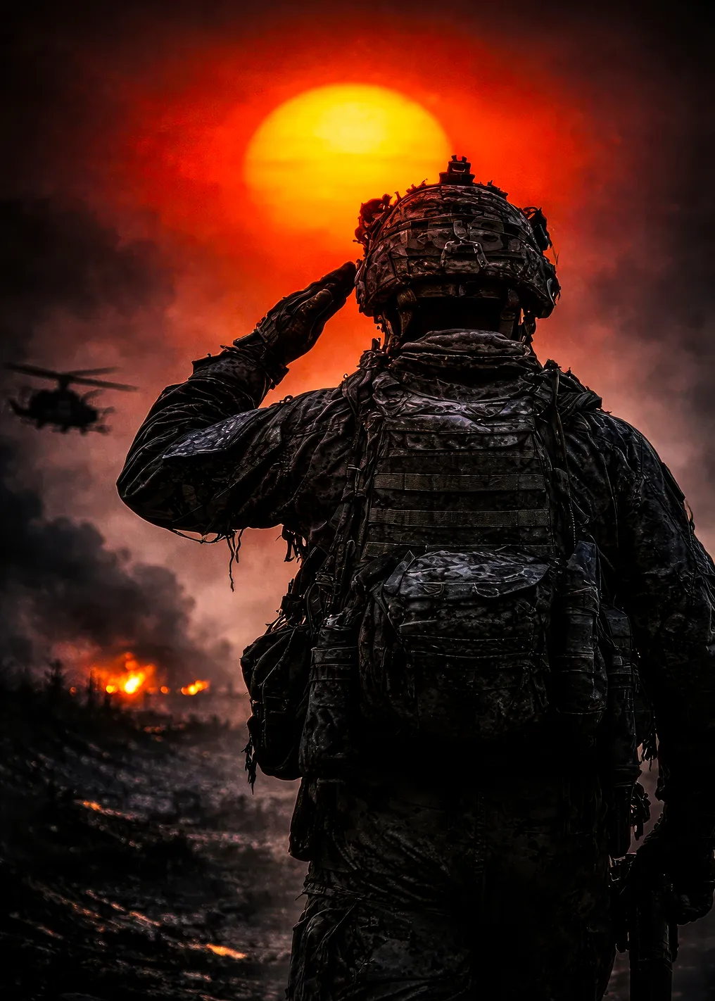 Soldier Saluting Against Fiery Sunset